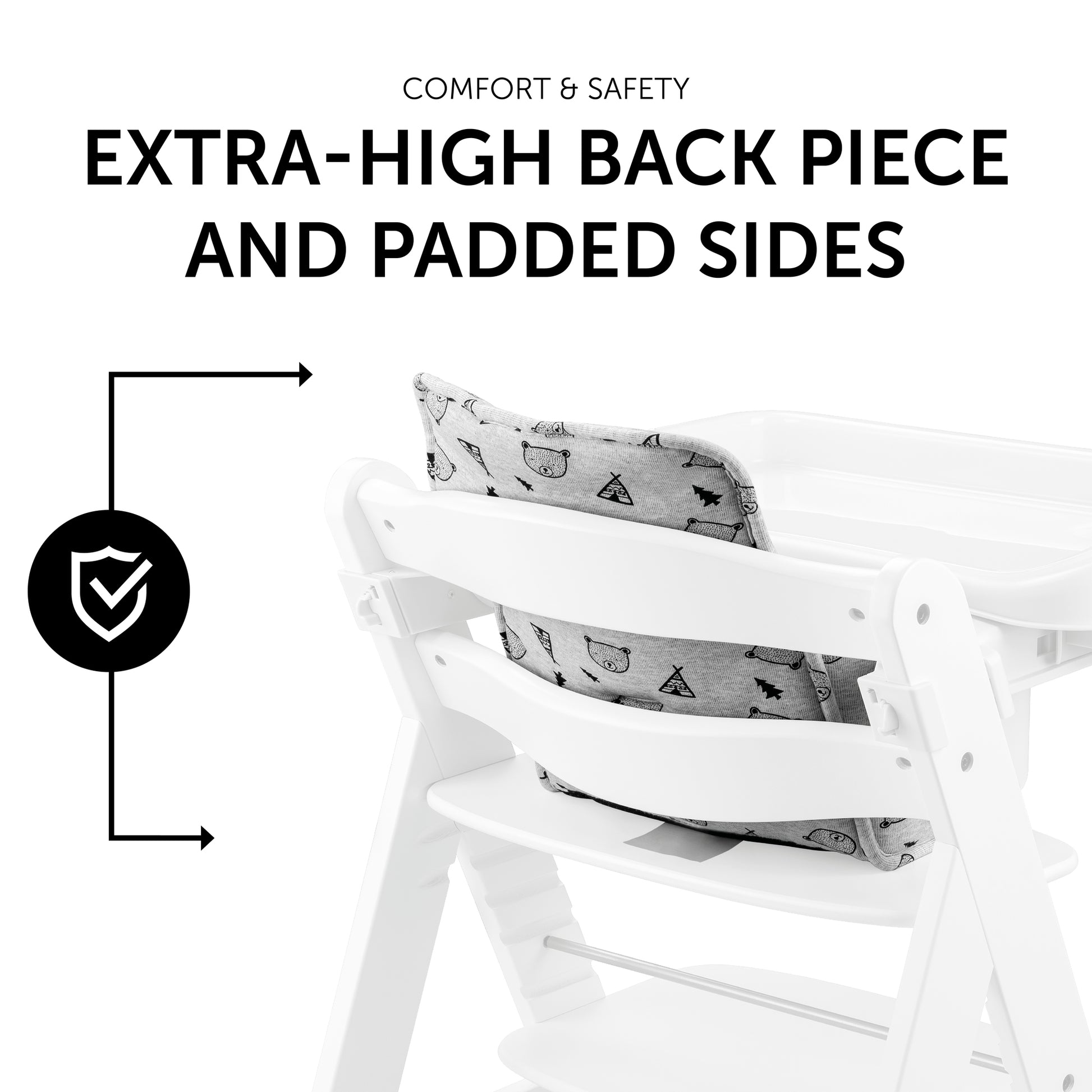 hauck AlphaPlus Grow Along White Wooden High Chair Seat with Removable Tray  Table and Grey Deluxe Seat Cushion Pad for Babies 6 Months and Up
